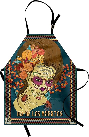 Ambesonne Day of the Dead Apron, Dia de Los Muertos Skull Girl with Roses Hearts Print, Unisex Kitchen Bib with Adjustable Neck for Cooking Gardening, Adult Size, Petrol Blue Caramel