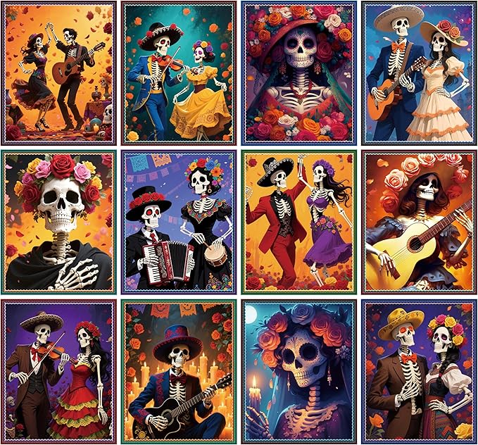 WATINC Day of The Dead Poster - 12PCS Halloween Sugar Skull Wall Art Print Decorations for Dia De Los Muertos Party, Mexican Skeleton Fiesta Carnival Bulletin Board Decor for Home Bedroom Office