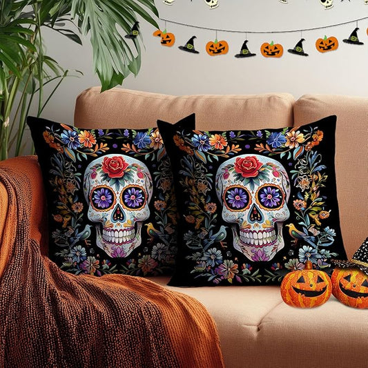 Day of The Dead Pillow Covers 18x18 Inch Pack of 2 Colorful Sugar Skull with Flowers and Birds Halloween Pillow Covers Spooky Throw Pillow Covers for Couch Pillows Sofa Bed Home Decor