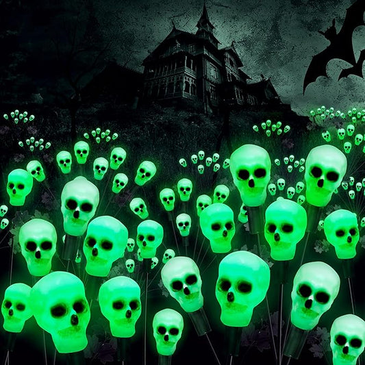 2 Pack 16LED Solar Skull Halloween Lights - IP65 Waterproof Outdoor Decorations, Scary Swaying Firefly Lights for Garden, Patio, Yard, Lawn Decor