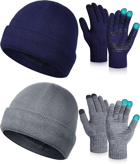 4 Pcs Winter Warm Beanie Touchscreen Gloves Set Soft Skull Cap Warm Fleece Lined Ski Hat Set Knit for Men