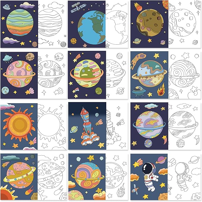 LSORPWK 12 Packs Pre Drawn Canvas to Paint (8 X 10 Inch),Planet Pre-Printed Paint Party for Kids, Pre Stretched Canvas Outline Painting Boards for Beginners, Students, Party Favor