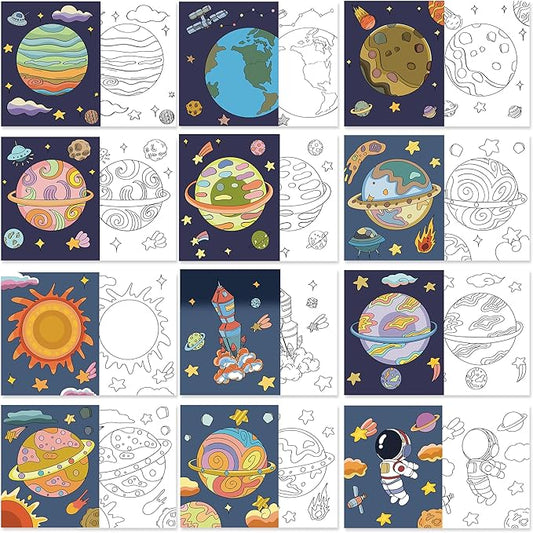 LSORPWK 12 Packs Pre Drawn Canvas to Paint (8 X 10 Inch),Planet Pre-Printed Paint Party for Kids, Pre Stretched Canvas Outline Painting Boards for Beginners, Students, Party Favor