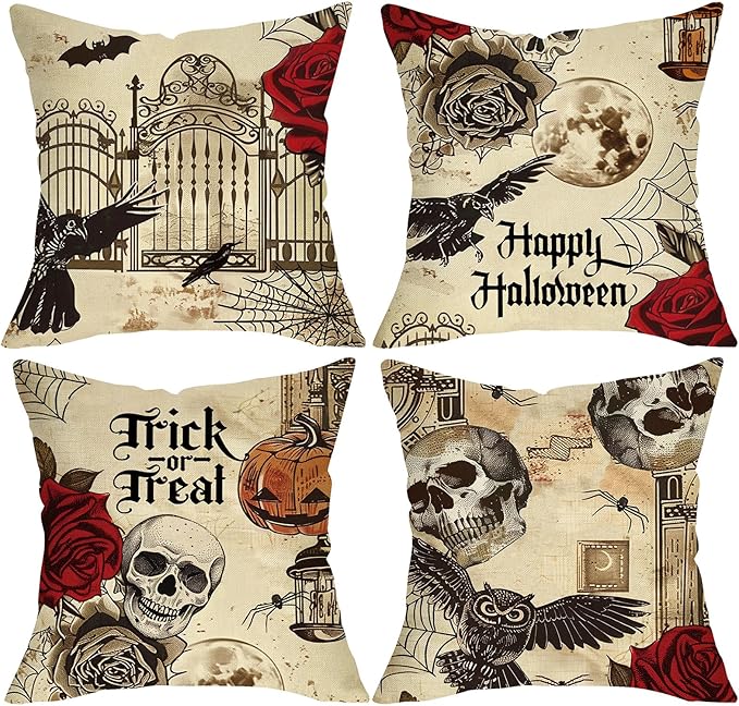 Happy Halloween Vintage Decorative Throw Pillow Covers 18 x 18 Set of 4, Trick or Treat Gothic Skull Crow Owl Rose Flower Porch Outdoor Home Decor, Retro Skeleton Moon Pumpkin Couch Cushion Case