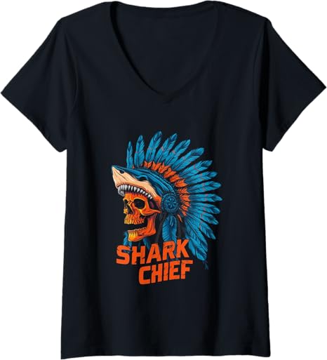 Womens Shark Chief Skull Headdress with Native American Indian V-Neck T-Shirt
