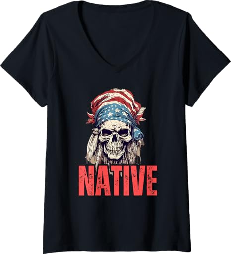 Womens Native American Headdress American Skull Flag July 4 V-Neck T-Shirt