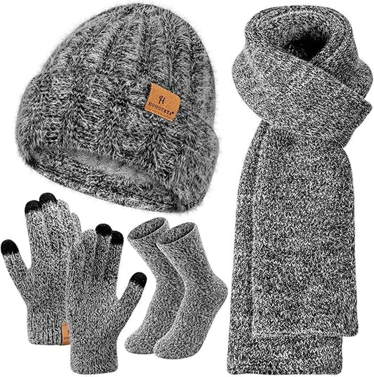 Womens Winter Warm Knit Beanie Hat Gloves Sock Long Neck Scarf Set with Fleece Lined Skull Caps Gifts for Women