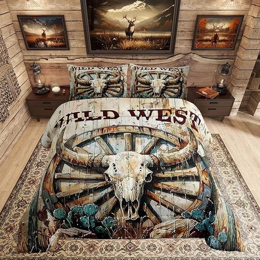 Erosebridal Bull Skull Bedding Set King Size for Kids Boys Vintage American Wild West Comforter Set Rustic Barn Desert Cactus Comforter Country Cowboy Room Decor Lightweight Cabin Wheel Duvet Quilt