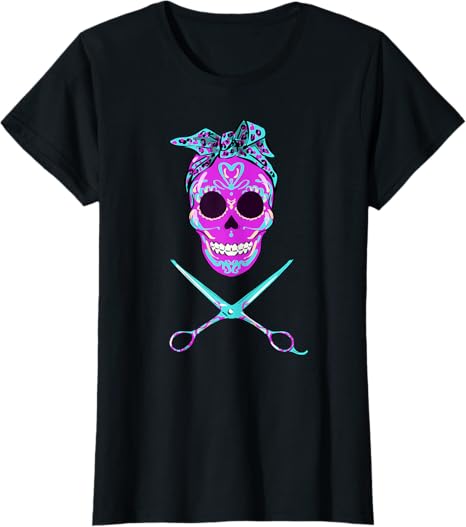 Womens Vintage Sugar Skull Hairdresser Hair Stylist Scissors Gift T-Shirt