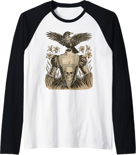 Raven On Headless Victorian Dress with Skull Gothic Dark Art Raglan Baseball Tee