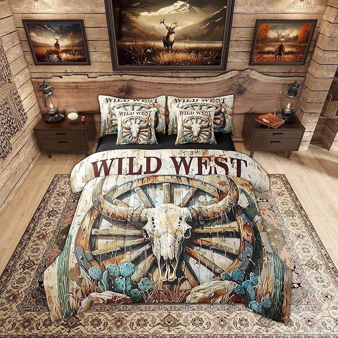 Erosebridal Bull Skull 7 Piece Sheet Set Bed in A Bag King Size for Kids Boys Vintage American Wild West Comforter Rustic Barn Desert Cactus Country Cowboy Cabin Wheel Bed Set