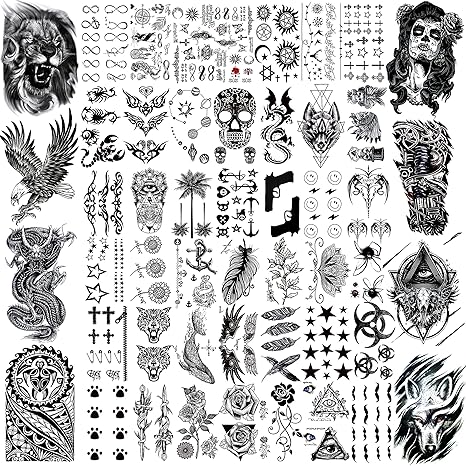 50 Sheets Black Temporary Tattoos For Men Adults Ealge Dragon Lion Wolf Animals For Women Neck Arm Thigh, Fake Small Skull Tattoo Sticker For Kids Children Boys Girls Tatoos