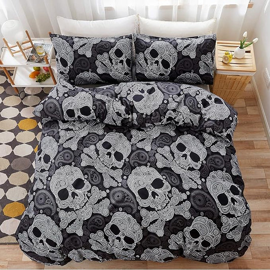 LAMEJOR Duvet Cover Set Twin Size Halloween Decor Black Skull Skeleton/Paisley Floral Pattern Luxury Soft Bedding Set Comforter Cover (1 Duvet Cover+2 Pillowcases)