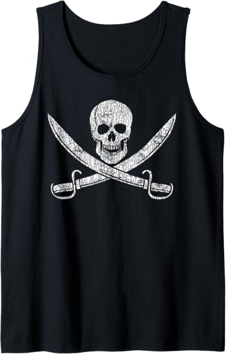 Jolly Roger Pirate Flag Skull and Cutlasses Super Distressed Tank Top