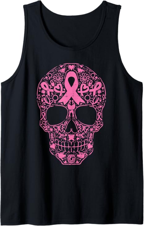 Sugar Skull Pink Ribbon Calavera Breast Cancer Awareness Tank Top