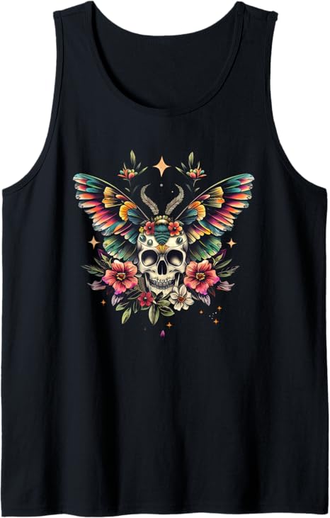 Vintage Death Moth Skull Flower Tattoo Goth Grunge Butterfly Tank Top