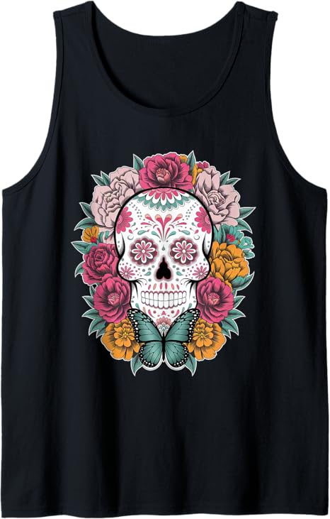 Floral Mexican Skull Day of the Dead Dia De Muertos Women Tank Top