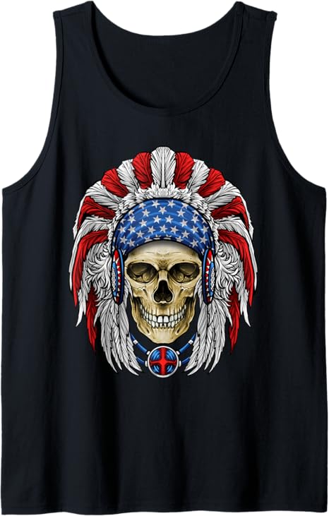 Native American Headdress American Skull Flag July 4 Powwow Tank Top