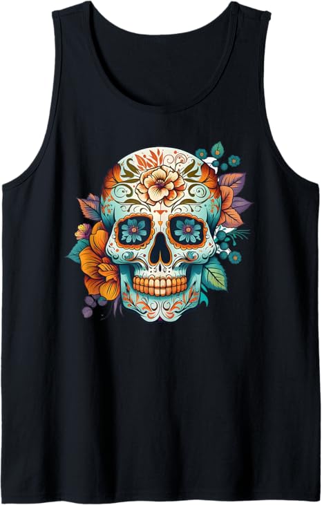 Day of Dead Sugar Skull Floral Skeleton Head Bone Skull Tank Top