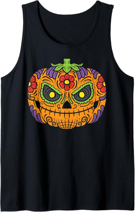 Pumpkin Sugar Skull Dia De Los Muertos Halloween Mexican Tank Top