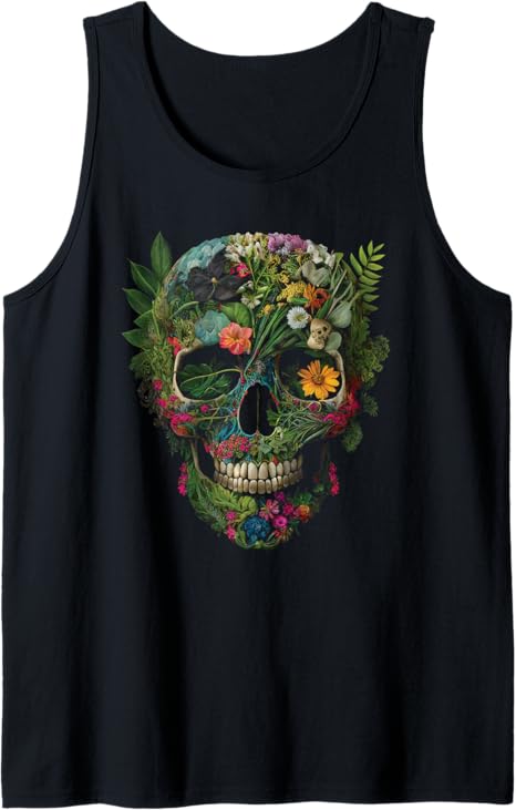 Haunted Botanical Garden Human Skull With Flowers And Plants Tank Top