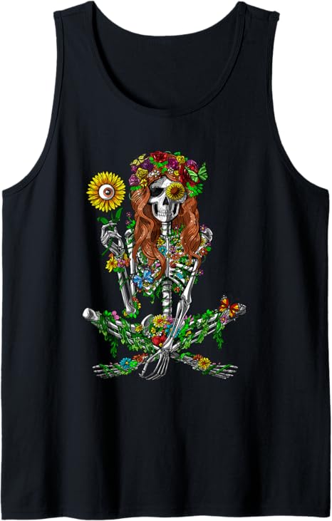 Skeleton Hippie Sunflower Forest Flowers Nature Floral Tank Top