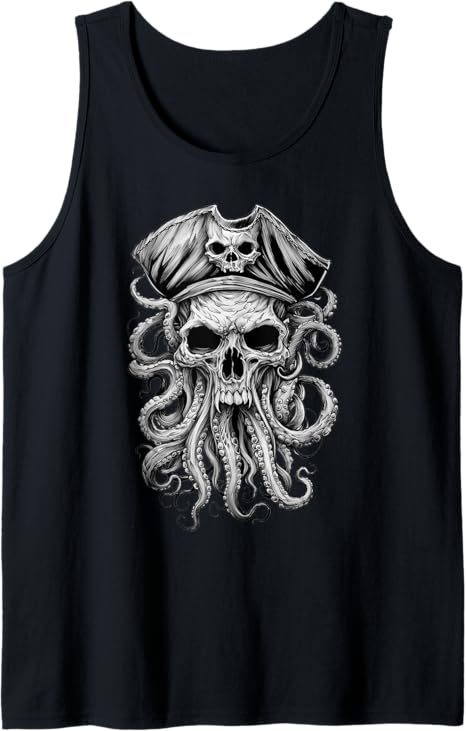 Skull Pirate Octopus Demon Blackwork Tattoo Flash Tank Top