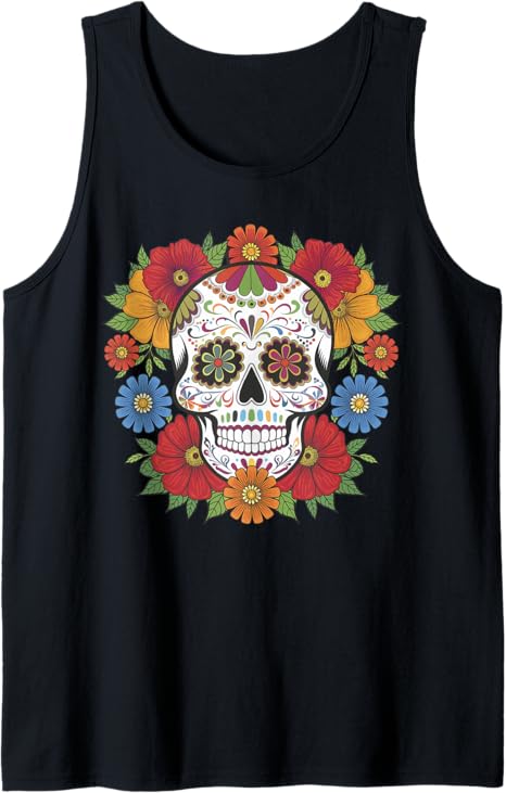 Mexican Skull Dia De Muertos Day of the Dead Floral Tank Top