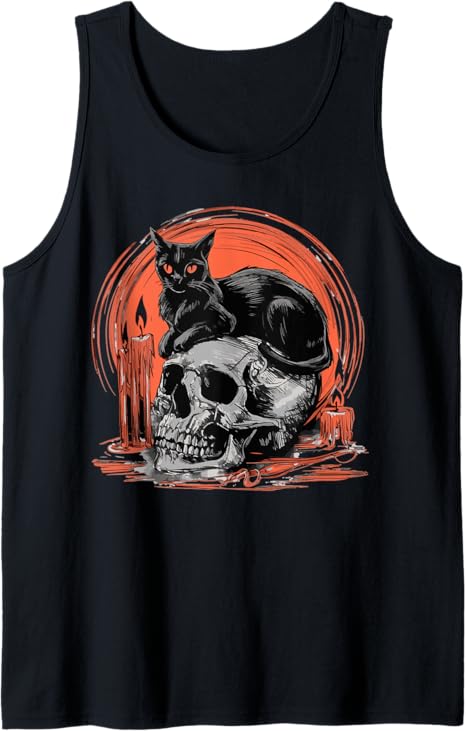 Witchy Cat Atop Skull Halloween Witchcraft Cat Lover Tank Top
