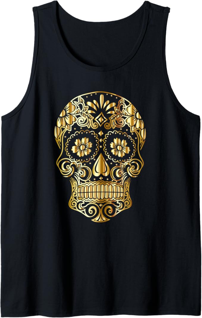Sugar Skull Gifts Mexican Gold and Black Tank Top