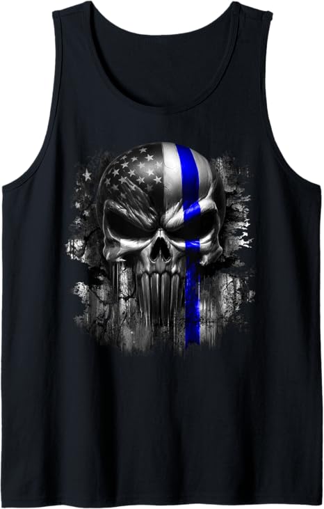 USA American Skull Patriotic Flag Blue Line Grunge Graphic Tank Top