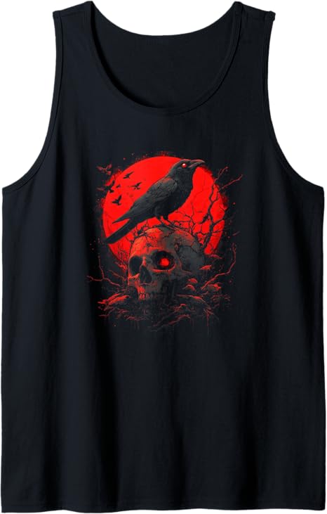 Black Gothic Raven Skull Red Moon Graphic Black Crow Tank Top