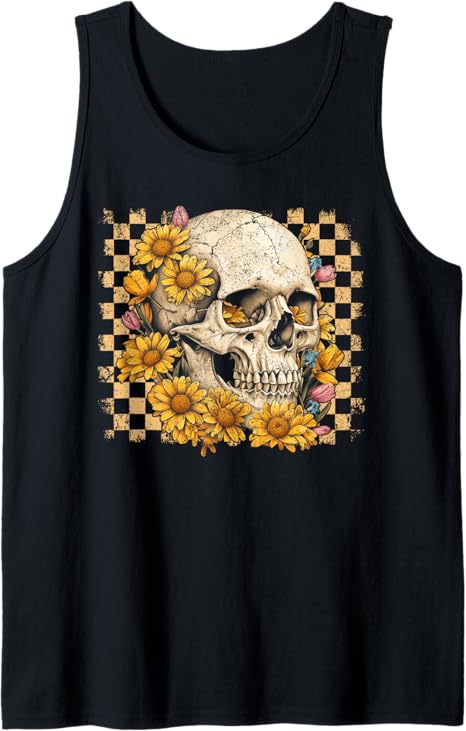 Retro Floral Skull Skeleton Fall Autumn Spooky Halloween Tank Top