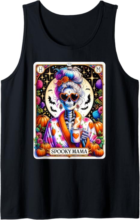 Spooky Mama Tarot Card Halloween Black Cat Mom Skull Tank Top