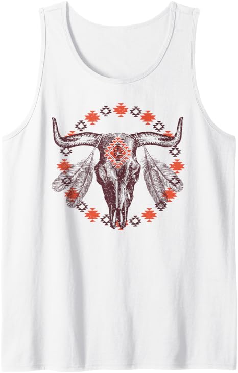 Vintage Cow Bull Skull Southwestern Aztec Indian feather Tank Top