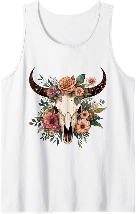 Boho Cow Bull Skull Flowers Wild west Western Cowgirl Texans Tank Top