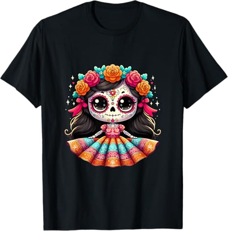 Cute Mexican Sugar Skull Dress Girl Dia De Los Muertos T-Shirt