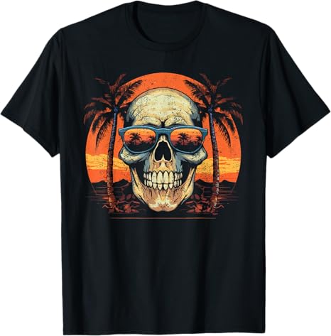 Cool Sunset Skull Wearing Sunglasses Vintage Tee