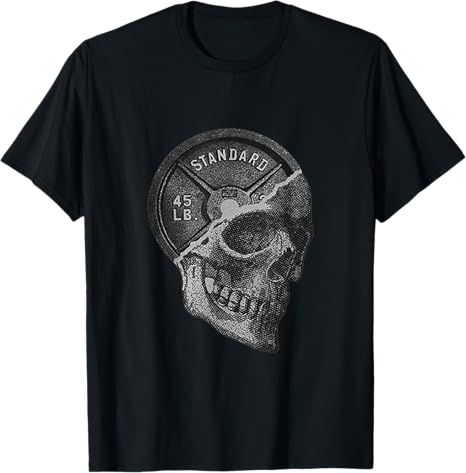 Skull & 45 lbs Plate Weight Lifting Graphic Gym Working Out T-Shirt