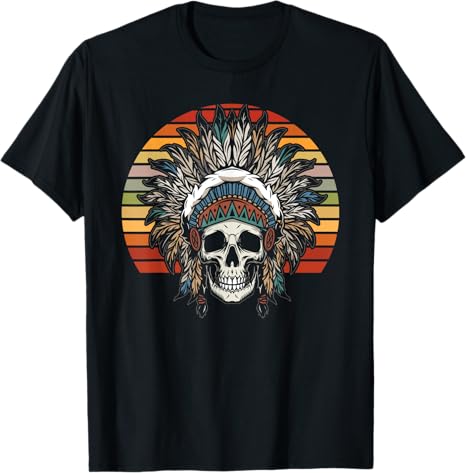 Retro Indian Indigenous Headdress Skull Native American T-Shirt