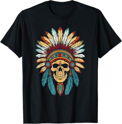 Skull Indian Headdress, Skull Chief Indian Skull Motorcycle T-Shirt