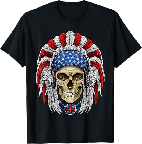 Native American Headdress American Skull Flag July 4 Powwow T-Shirt for Women Kids Men