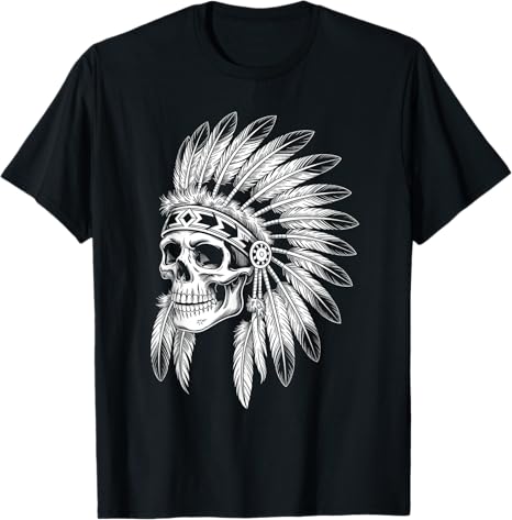 Tribal Skull With Headdress Native Indian Art T-Shirt
