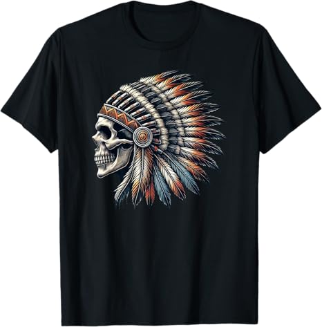 Native American Indian Chief Skull Motorcycle Headdress T-Shirt