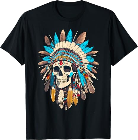Native American Chief Skull Motorcycle Headdress T-Shirt