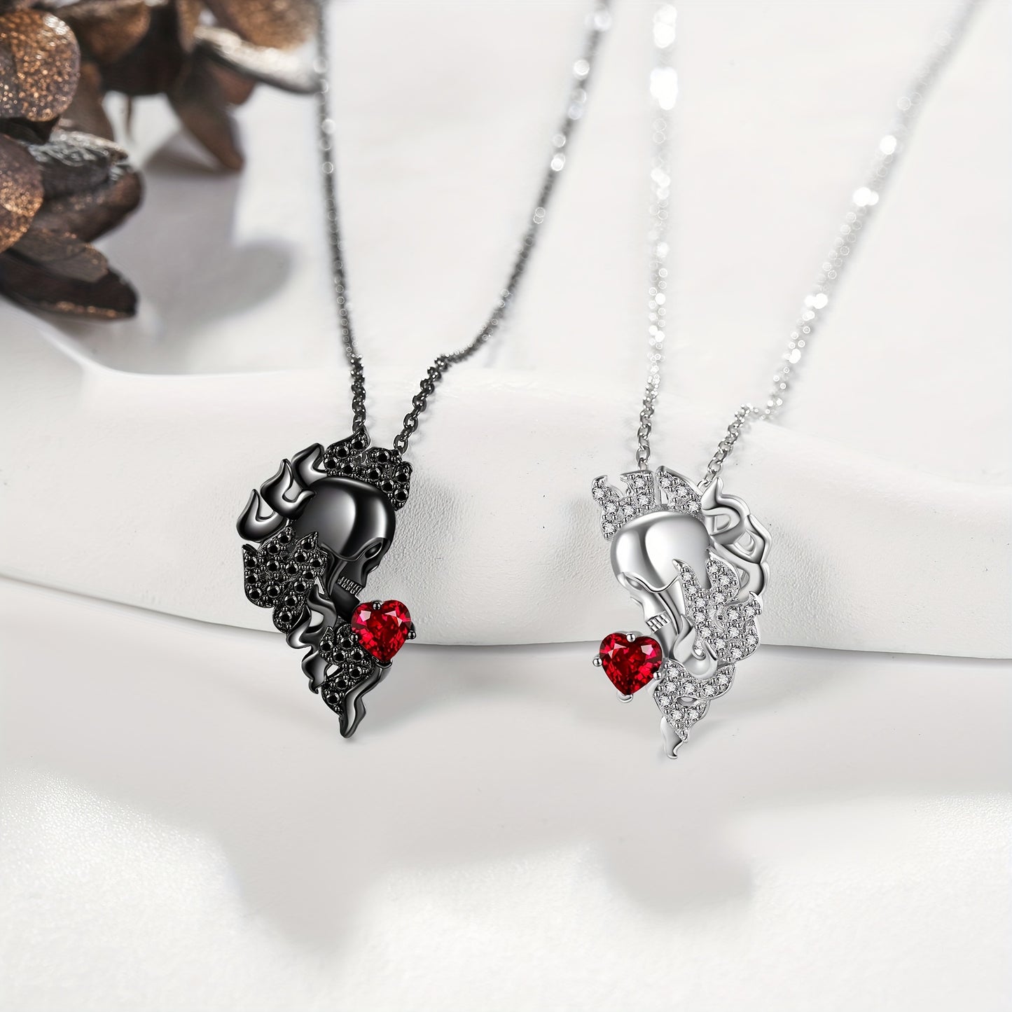 HUKKUN Skull Couple Necklace 925 Sterling Silver His And Hers Matching Necklace Heart Symbol Of Love Pendant Couples Valentine's Day Jewellery Gifts For Couple