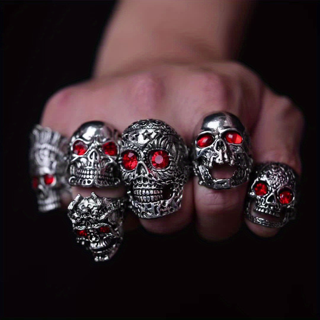 6pcs Large Skull Ring with Red Eye Stone Inlaid Vintage MetalHead Punk Ring Collection Gift Father's Day Holiday