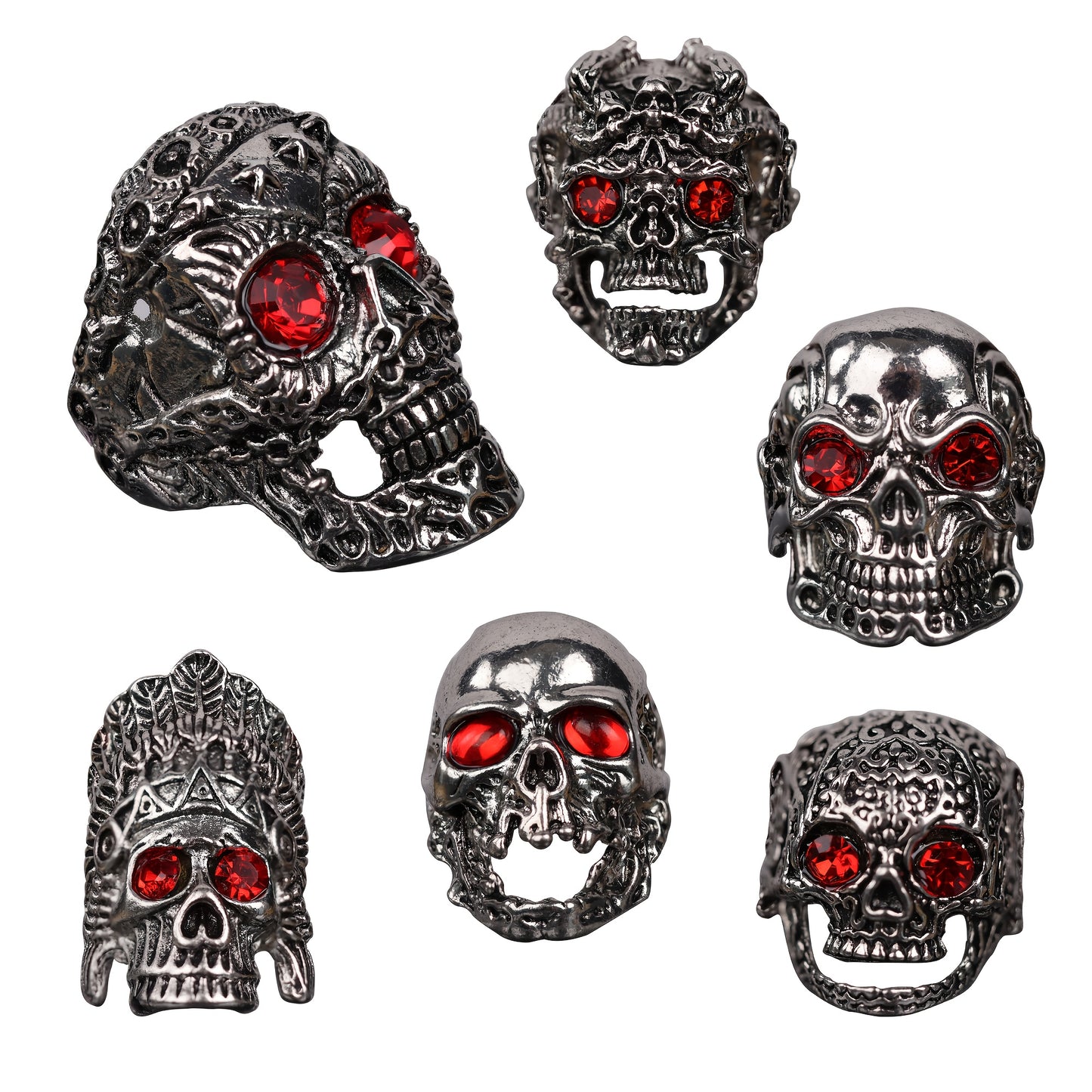 6pcs Large Skull Ring with Red Eye Stone Inlaid Vintage MetalHead Punk Ring Collection Gift Father's Day Holiday