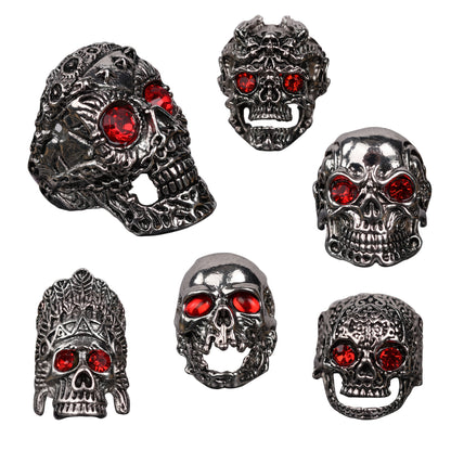 6pcs Large Skull Ring with Red Eye Stone Inlaid Vintage MetalHead Punk Ring Collection Gift Father's Day Holiday