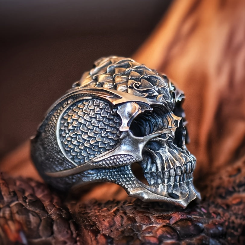 Stylish Men's Alloy Ring with Dragon Scale & Half Skull Design - Fashionable Single Piece